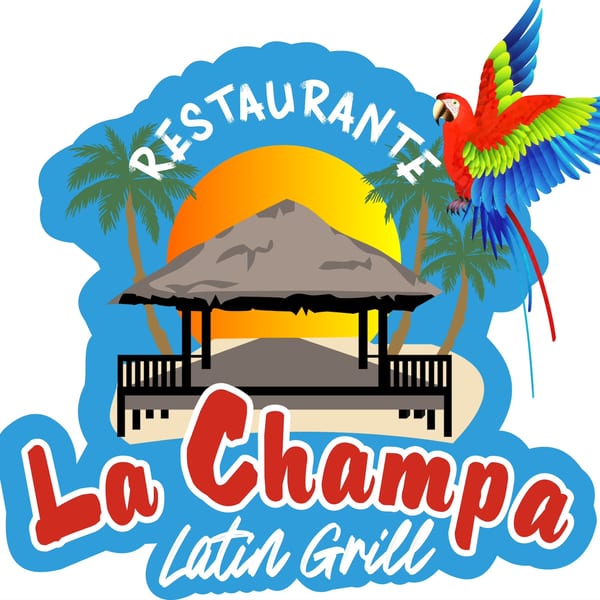 La Champa Latin Grill logo with a hut, palm trees, sunset, and a colorful macaw.