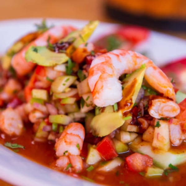 La Champa Latin Grill's Honduran ceviche with shrimp, avocado, and diced vegetables in a red sauce.