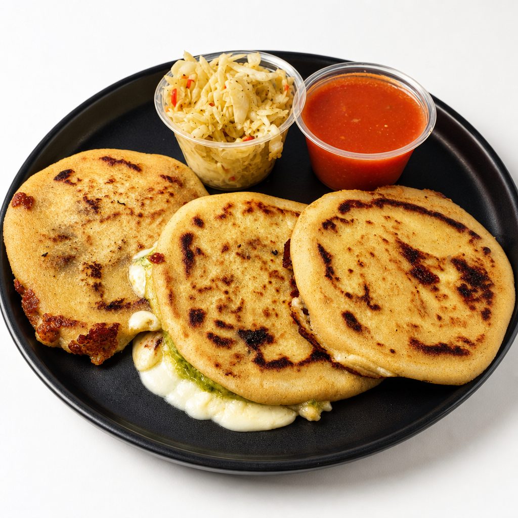 Pupusa Trio (3) Cheese, Bean and Cheese, Seasoned Pork.
