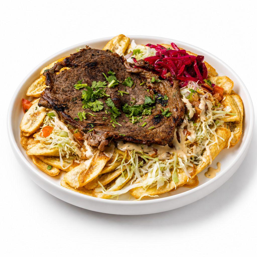 Carne Asada Plate withTajadas & Cabbage Salad.