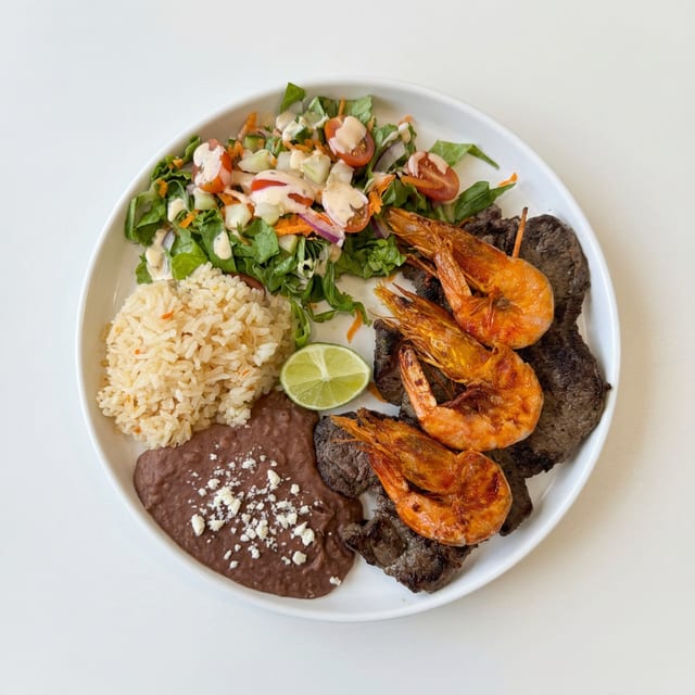 Carne Asada Plate with Shrimp.