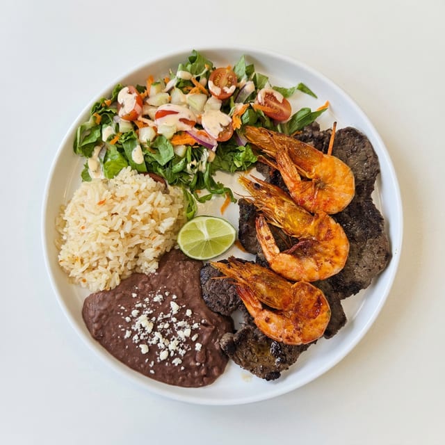 Carne Asada Plate with Shrimp.